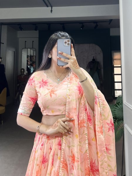Wedding collection floral Peach Color Lehengas Choli Set Half Saree Lehenga