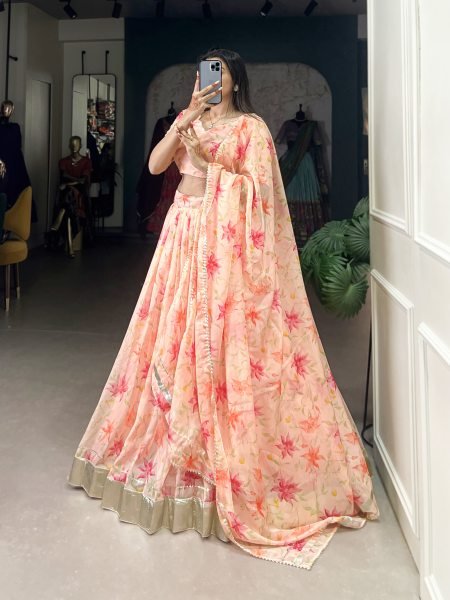 Wedding collection floral Peach Color Lehengas Choli Set Half Saree Lehenga