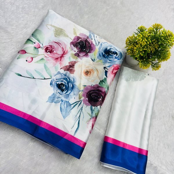 Timeless Multicolor Floral Satin Crepe Saree with Ajrakh-Inspired Art Soft Touch Elegance Printed Cotton Sarees Wholesale