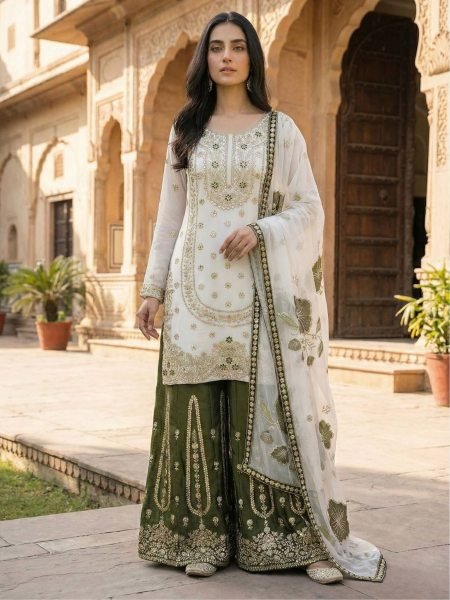 Wedding Couture Embroidered Sharara Suit Soft Heavy Micro Cotton Inner Ready To Wear 