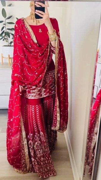 Wedding Designer Red Top Sharara with Dupatta for Women Ready To Wear Collection