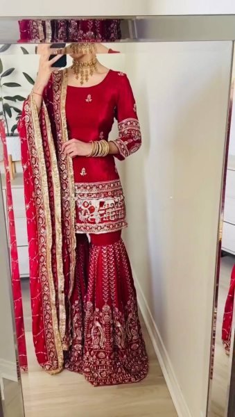 Wedding Designer Red Top Sharara with Dupatta for Women Ready To Wear Collection