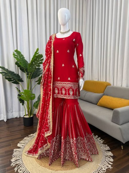 Wedding Designer Red Top Sharara with Dupatta for Women Ready To Wear Collection