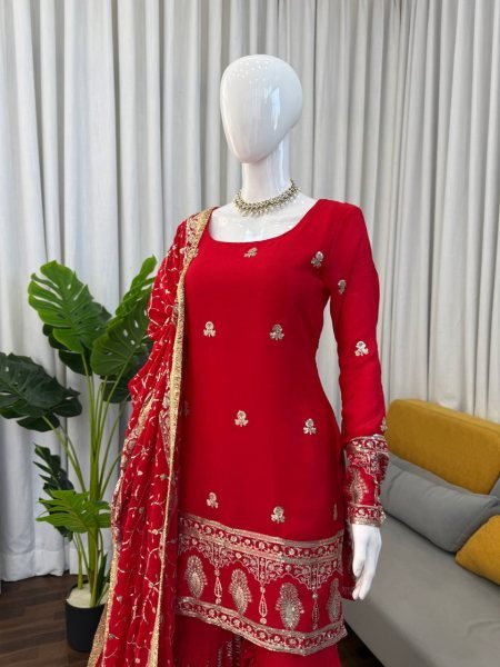 Wedding Designer Red Top Sharara with Dupatta for Women Ready To Wear Collection