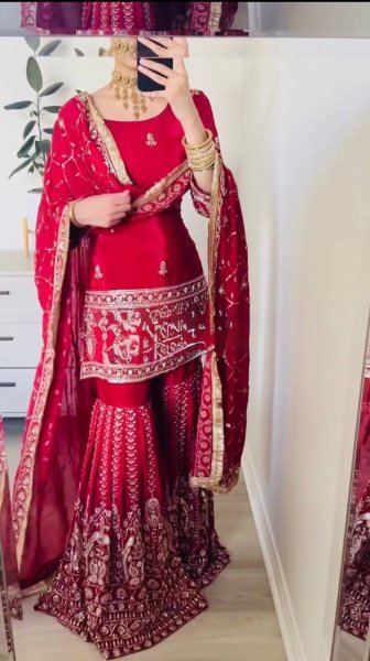 Wedding Designer Red Top Sharara with Dupatta for Women Ready To Wear Collection