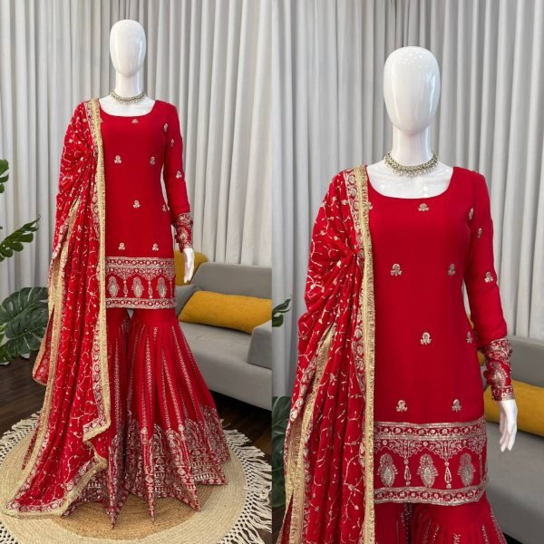 Wedding Designer Red Top Sharara with Dupatta for Women Ready To Wear Collection