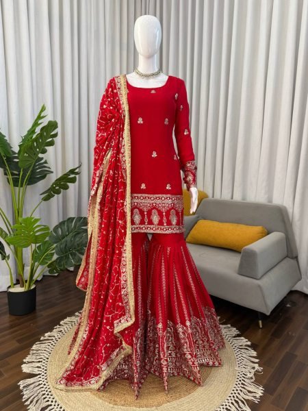 Wedding Designer Red Top Sharara with Dupatta for Women Ready To Wear Collection