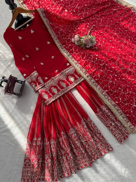 Wedding Designer Red Top Sharara with Dupatta for Women Ready To Wear Collection