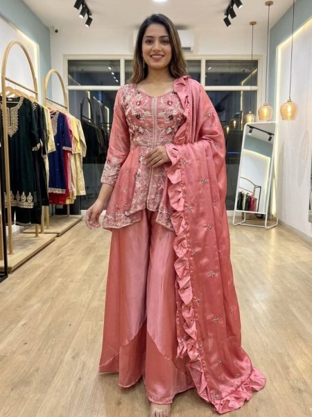 Wedding Dusty Rose Pink Rangoli Silk Sequence Embroidery Work Suit With Pant And Dupatta  Ready To Wear Collection