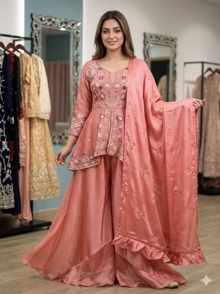 Wedding Dusty Rose Pink Rangoli Silk Sequence Embroidery Work Suit With Pant And Dupatta  Ready To Wear Collection