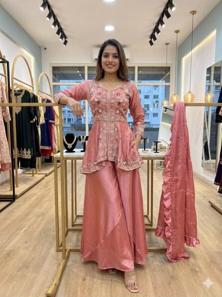 Wedding Dusty Rose Pink Rangoli Silk Sequence Embroidery Work Suit With Pant And Dupatta  Ready To Wear Collection