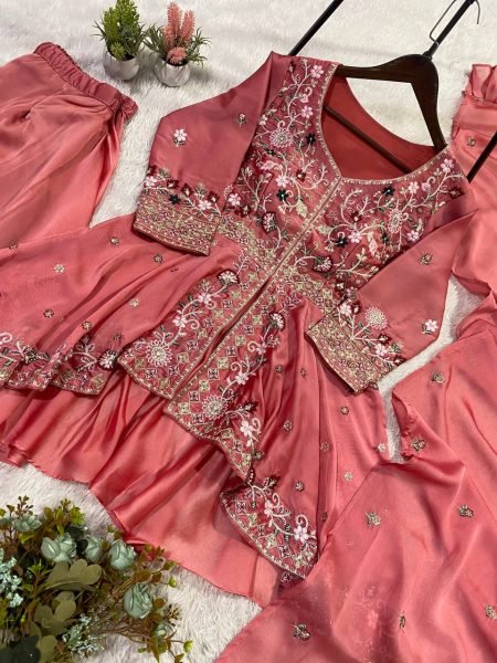 Wedding Dusty Rose Pink Rangoli Silk Sequence Embroidery Work Suit With Pant And Dupatta  Ready To Wear Collection