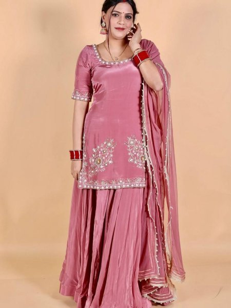 Wedding Ready Pink Crepe Sharara Suit with Heavy Sequin   Lace Dupatta 
