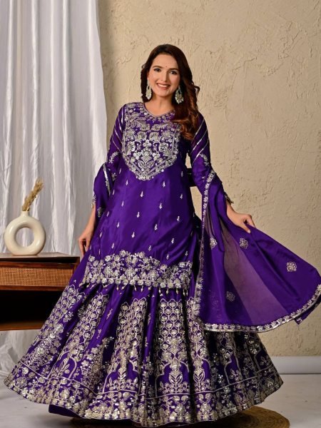 Wedding Glow in Deep Purple Heavy Chinnon Silk Lehenga with Zari  & Sequin Detailing Ready To Wear Suit