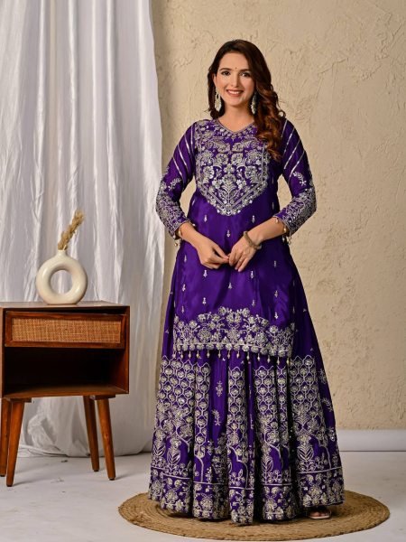 Wedding Glow in Deep Purple Heavy Chinnon Silk Lehenga with Zari  & Sequin Detailing Ready To Wear Collection