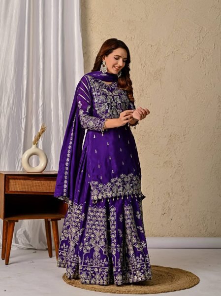 Wedding Glow in Deep Purple Heavy Chinnon Silk Lehenga with Zari  & Sequin Detailing Ready To Wear Collection