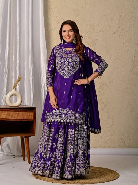 Wedding Glow in Deep Purple Heavy Chinnon Silk Lehenga with Zari  & Sequin Detailing Ready To Wear Collection