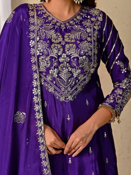 Wedding Glow in Deep Purple Heavy Chinnon Silk Lehenga with Zari  & Sequin Detailing Ready To Wear Collection