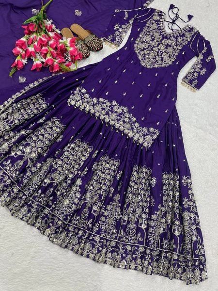 Wedding Glow in Deep Purple Heavy Chinnon Silk Lehenga with Zari  & Sequin Detailing Ready To Wear Collection