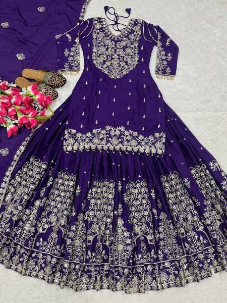 Wedding Glow in Deep Purple Heavy Chinnon Silk Lehenga with Zari  & Sequin Detailing Ready To Wear Collection