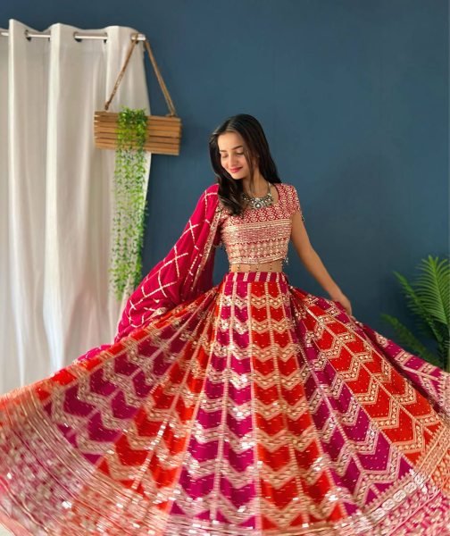 Wedding Lehenga Choli in Faux Georgette with Can Can Flair and Dupatta Lace Border Designer Lehenga Choli