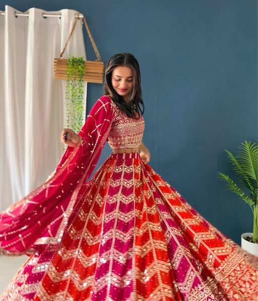Wedding Lehenga Choli in Faux Georgette with Can Can Flair and Dupatta Lace Border Designer Lehenga Choli