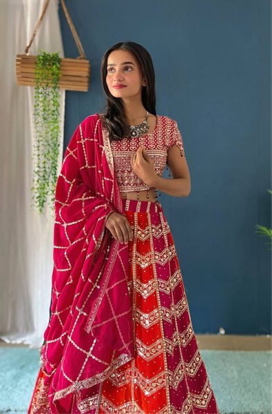 Wedding Lehenga Choli in Faux Georgette with Can Can Flair and Dupatta Lace Border Designer Lehenga Choli