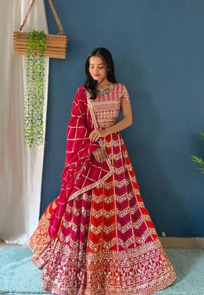 Wedding Lehenga Choli in Faux Georgette with Can Can Flair and Dupatta Lace Border Designer Lehenga Choli