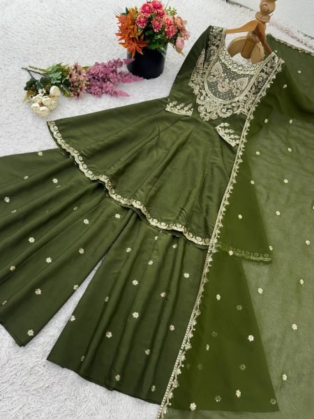 Wedding Functions Special Olive Green Simar Silk Sharara with Heavy Embroidery Ready To Wear Collection