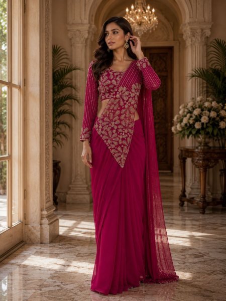 Wedding Pink Ready to Wear Faux Georgette Saree with Fully Embroidered Blouse 