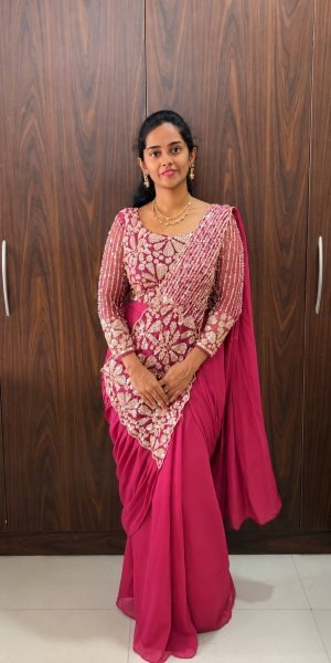 Wedding Pink Ready to Wear Faux Georgette Saree with Fully Embroidered Blouse Ready To Wear Saree 