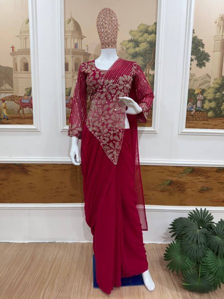 Wedding Pink Ready to Wear Faux Georgette Saree with Fully Embroidered Blouse Ready To Wear Saree 