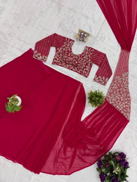 Wedding Pink Ready to Wear Faux Georgette Saree with Fully Embroidered Blouse Ready To Wear Saree 