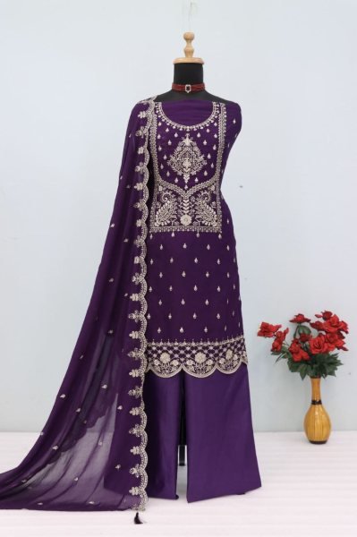 Wedding Purple Dress Material with Rangoli Crush Fabric and Embroidered Dupatta Churidar Salwar Suits Wholesale