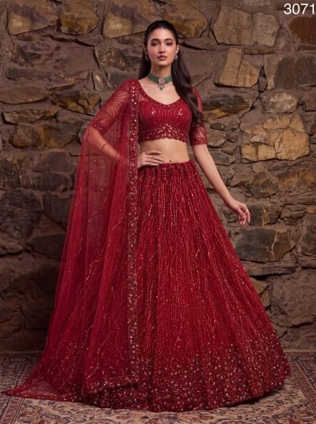 Wedding Red Heavy Net Lehenga with Crystal Beads  Sequins and Zari Embroidery Bridal Lehenga Choli