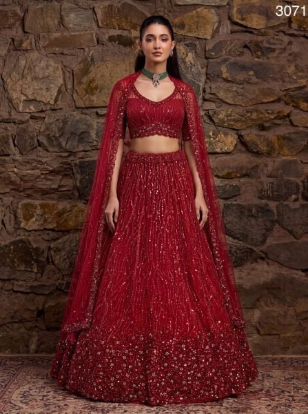 Wedding Red Heavy Net Lehenga with Crystal Beads  Sequins and Zari Embroidery Bridal Lehenga Choli