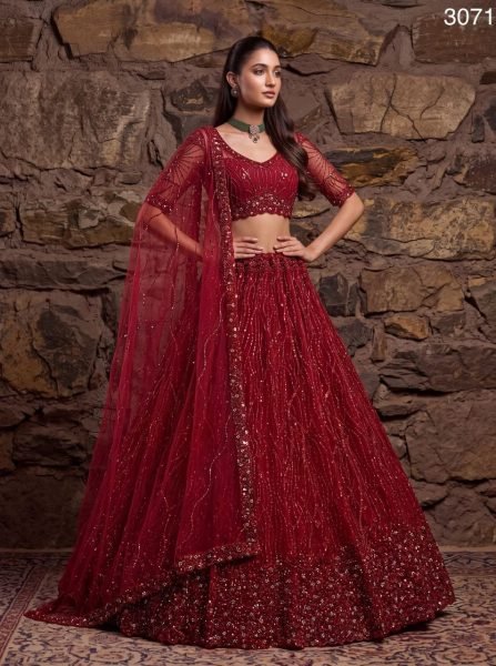 Wedding Red Heavy Net Lehenga with Crystal Beads  Sequins and Zari Embroidery Bridal Lehenga Choli