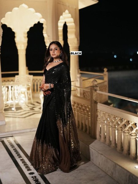 Wedding Special Black Georgette Saree with Designer Sequins Work Bollywood Fancy Sarees Wholesale