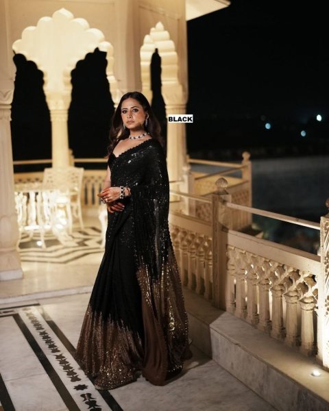 Wedding Special Black Georgette Saree with Designer Sequins Work Bollywood Fancy Sarees Wholesale
