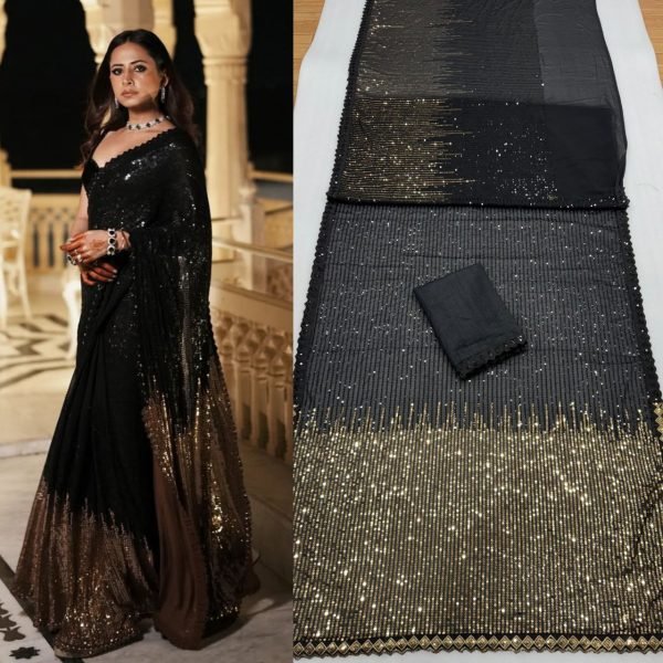 Wedding Special Black Georgette Saree with Designer Sequins Work Bollywood Fancy Sarees Wholesale