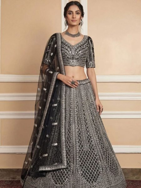 Wedding Special Black Net Lehenga with Heavy Embroidery and Dupatta  Lehenga