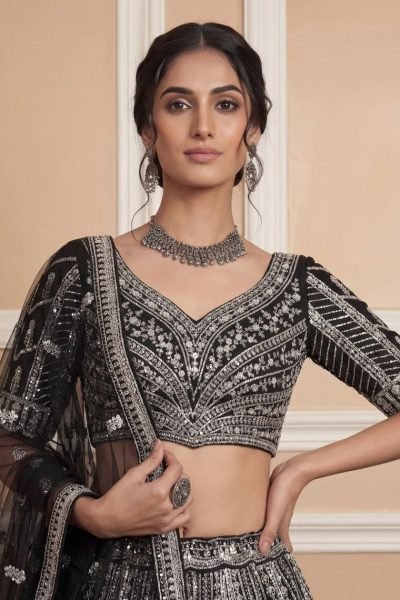 Wedding Special Black Net Lehenga with Heavy Embroidery and Dupatta Bridal Lehenga Choli