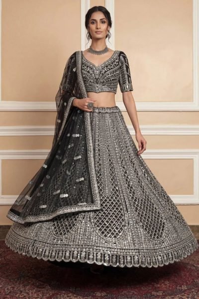 Wedding Special Black Net Lehenga with Heavy Embroidery and Dupatta Bridal Lehenga Choli