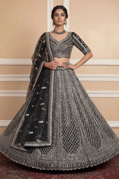 Wedding Special Black Net Lehenga with Heavy Embroidery and Dupatta Bridal Lehenga Choli