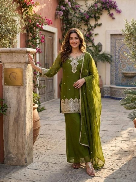 Wedding Special Green Rangoli Crush Palazzo Dress with Fancy Lace Work Dupatta 