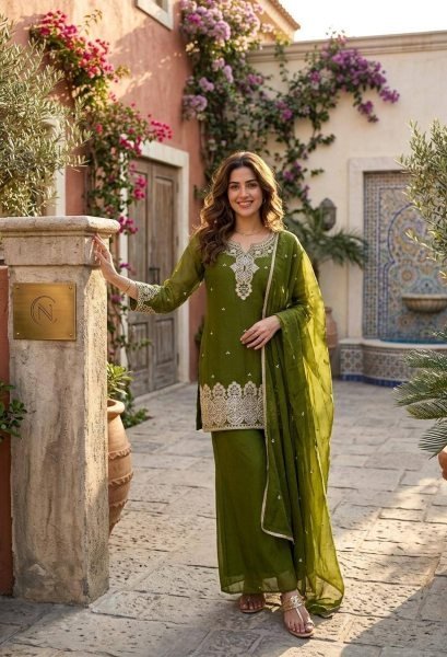 Wedding Special Green Rangoli Crush Palazzo Dress with Fancy Lace Work Dupatta Ready To Wear Collection
