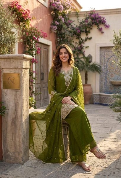 Wedding Special Green Rangoli Crush Palazzo Dress with Fancy Lace Work Dupatta Ready To Wear Collection