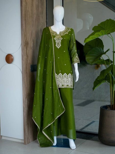 Wedding Special Green Rangoli Crush Palazzo Dress with Fancy Lace Work Dupatta Ready To Wear Collection
