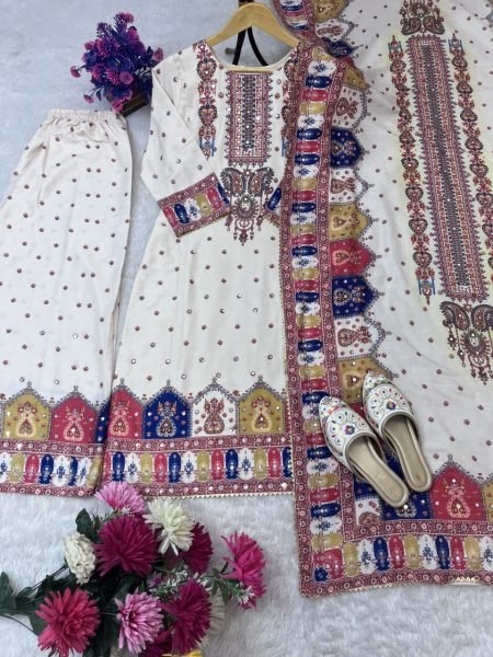 Wedding Special Maslin Kurti Palazzo Set with Real Mirror Work   Dupatta Pakistani Style Elegance Ready To Wear Collection