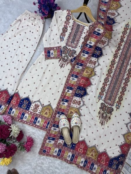 Wedding Special Maslin Kurti Palazzo Set with Real Mirror Work   Dupatta Pakistani Style Elegance Ready To Wear Collection